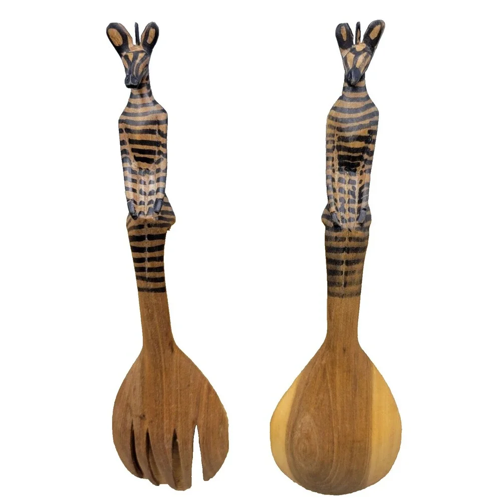 Hand Carved Wooden Sitting Zebra Salad Server Set Spoon & Fork